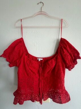 iris Red Eyelet Tie-Front Puff Sleeve Camisole